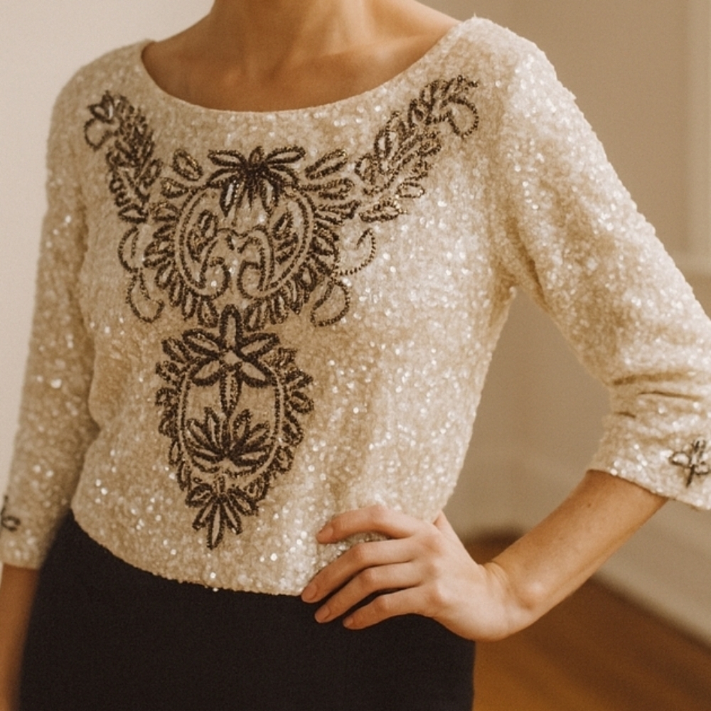 Vtg 60s 70s Imperial Imports Sequin and Beaded Wool Sweater Top Cream Size 18